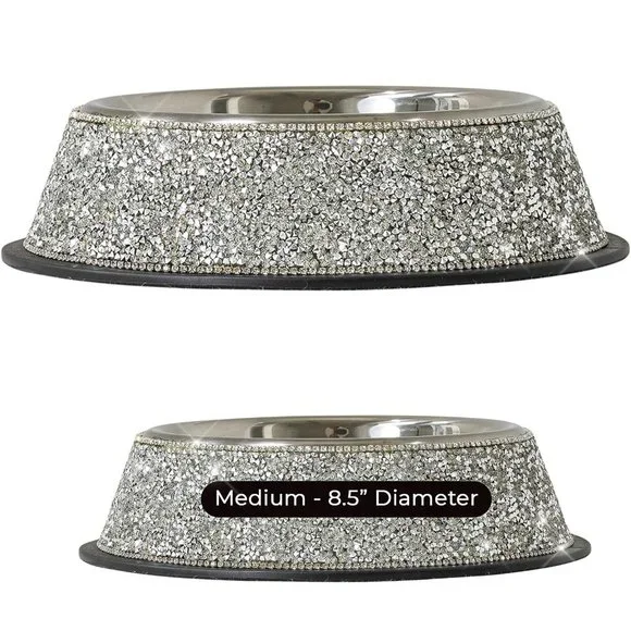NEW Sparkling Bling Swarovski Crystal Rhinestone Stainless Pet Bowl: Set… - Picture 3 of 6